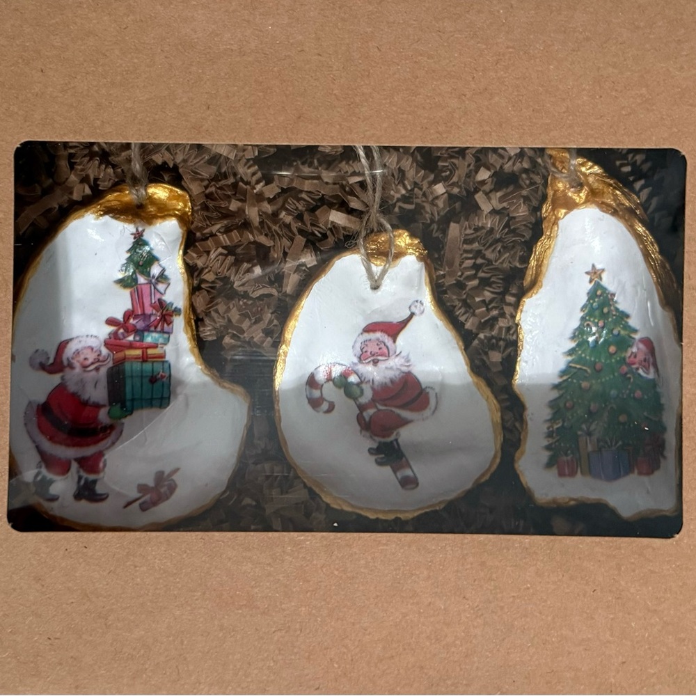 Set of 3 hand crafted oyster shell ornaments.